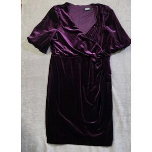 DKNY Sheath Dress Purple XL Faux Wrap Ruched Party Stretch Plunge Neck Holiday